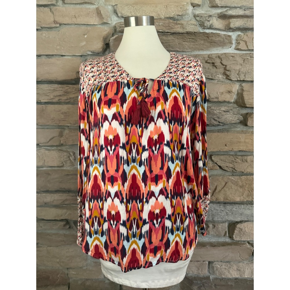 Tribal Jeans Womens Large Ikat Print Tassel Peasant Blouse Orange Red 7915A-1434